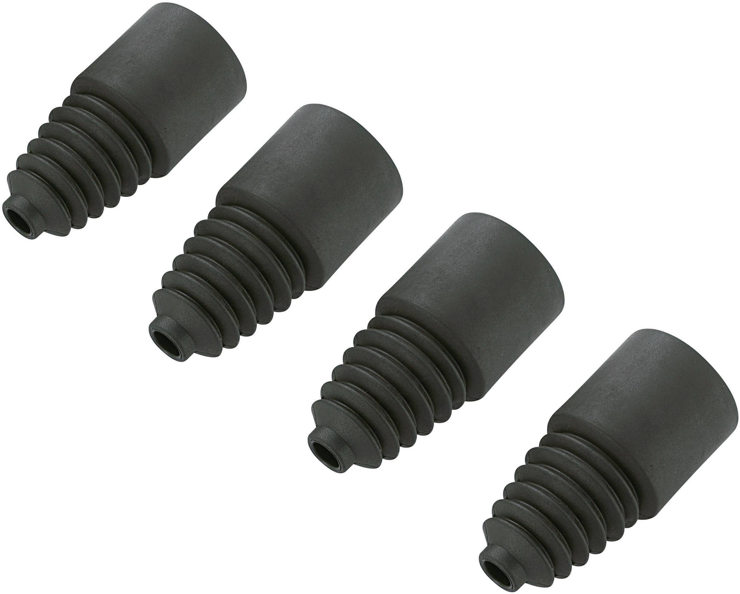 Four black flat-head screws with threads, arranged in a line alongside each other, on a white background.