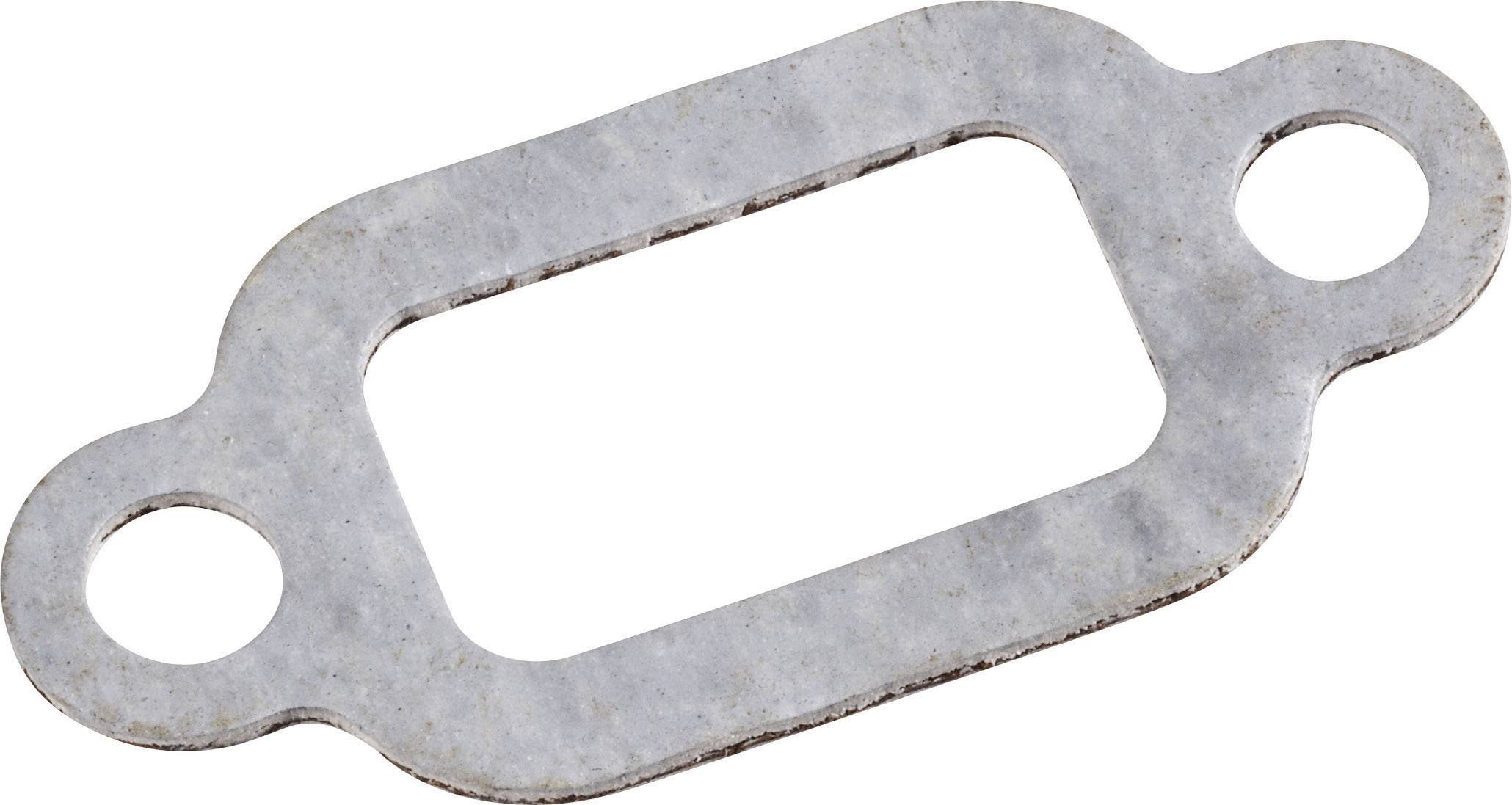 Metal rectangular gasket with two side holes, used for sealing between engine components or pipes.
