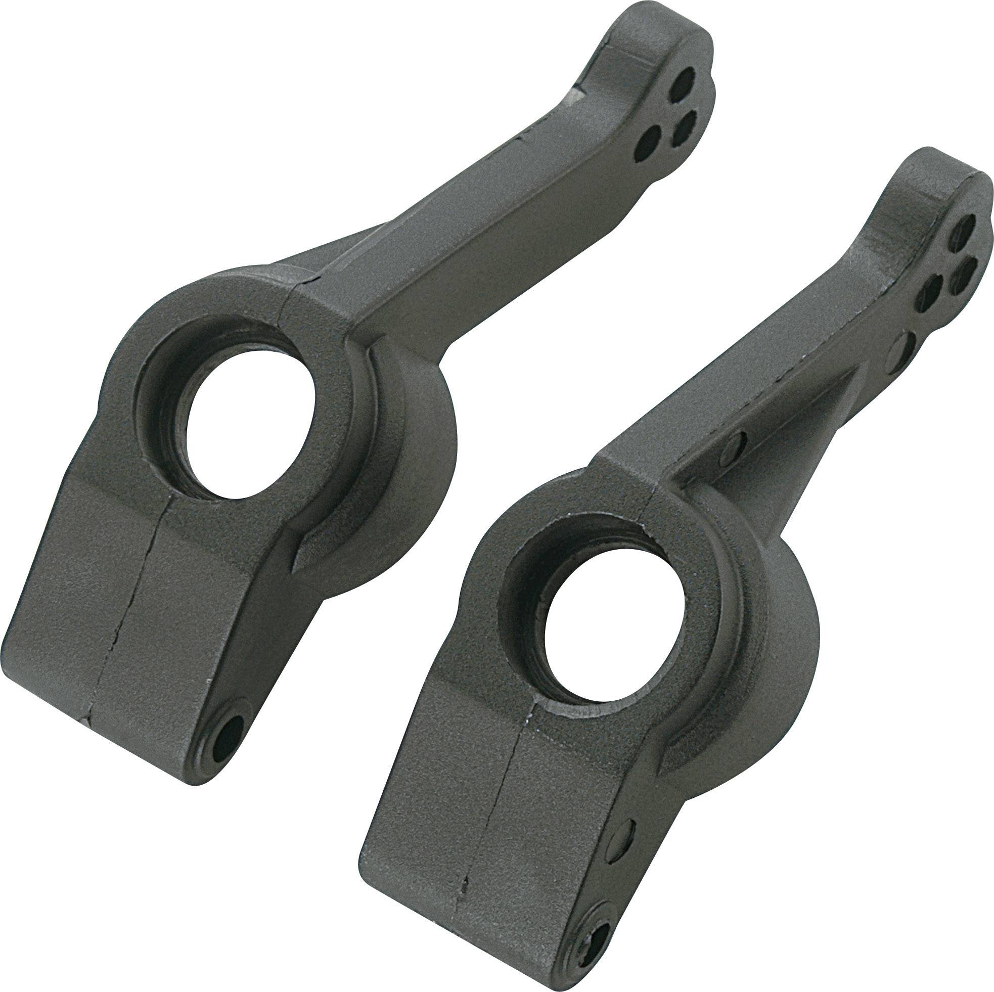 Two black RC plastic steering knuckles with round openings, used for installation in model vehicles.