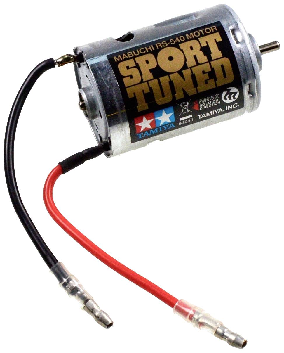 The image shows an electric motor with the inscription 'Mabuchi RS-540 Motor Sport Tuned'. Two wires are connected to the motor.