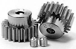 Two pairs of metal gear wheels side by side, one upright and the other horizontal, with two small set screws in the foreground.