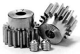 Two metal gear wheels and two small screws on a flat surface, strong industrial design, placed side by side.