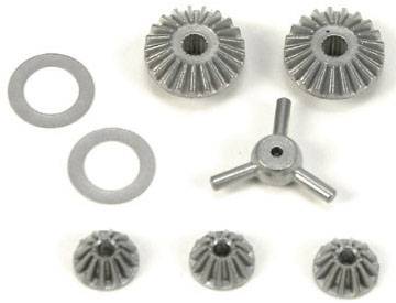 Gear set consisting of four bevel gears, two discs, and a connecting piece, arranged on a white background.