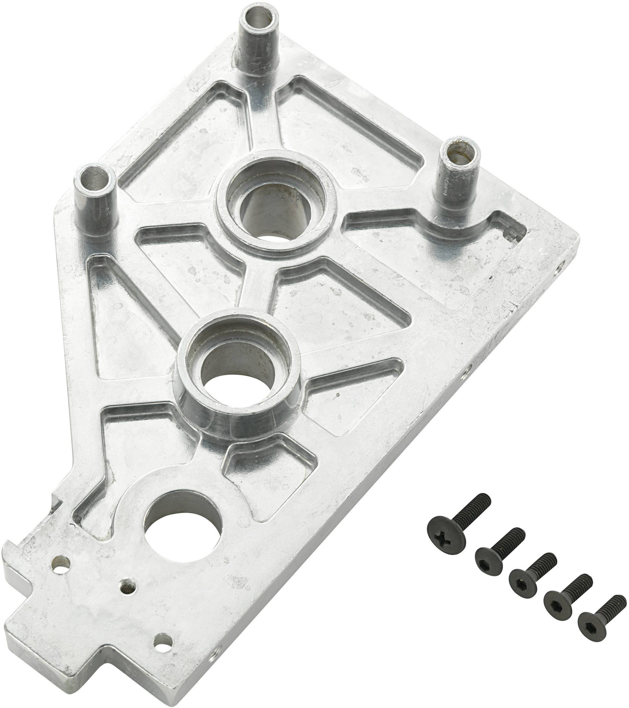 A rectangular metal component with multiple openings and recesses, alongside five black screws. Potentially serves as a mounting plate.