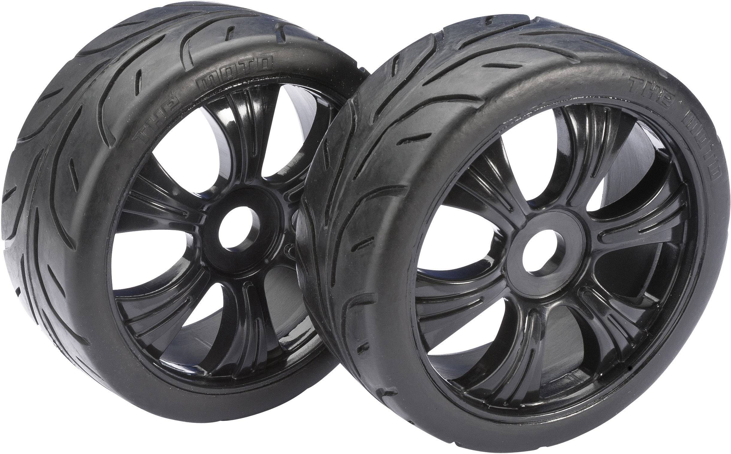 Two black rubber tyres with a sporty tread pattern, positioned side by side, show the view from the rim side.