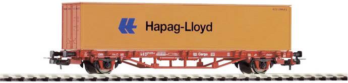 A model train wagon with an orange Hapag-Lloyd container on a section of track.