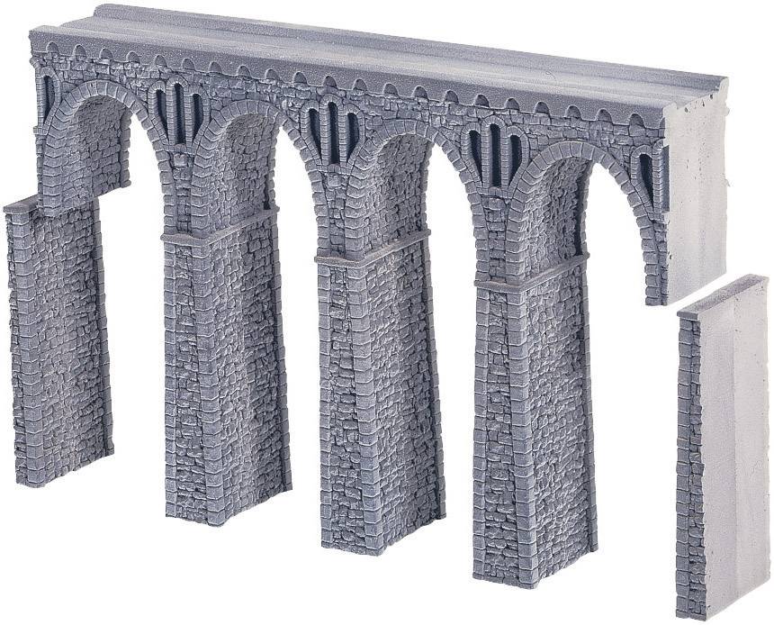 Model of a historical aqueduct with five arches and detailed stone structure. Represents Roman architecture.