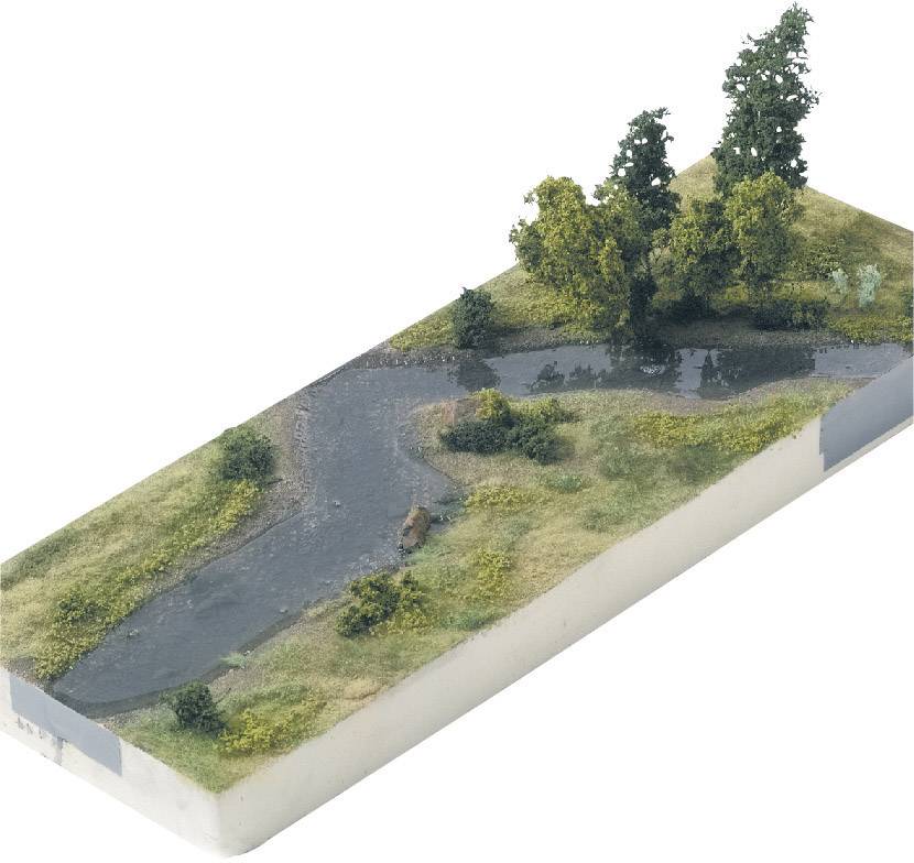 Miniature model of a river landscape with trees, grassy areas, and a meandering river.