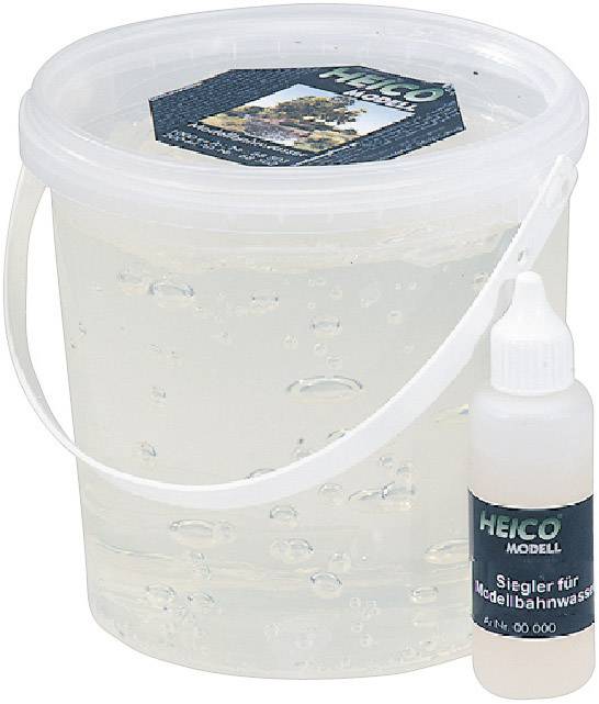 A clear bucket with liquid and a small bottle of 'Sealant for Model Railway Water', both labelled with the 'Heico Model' brand.