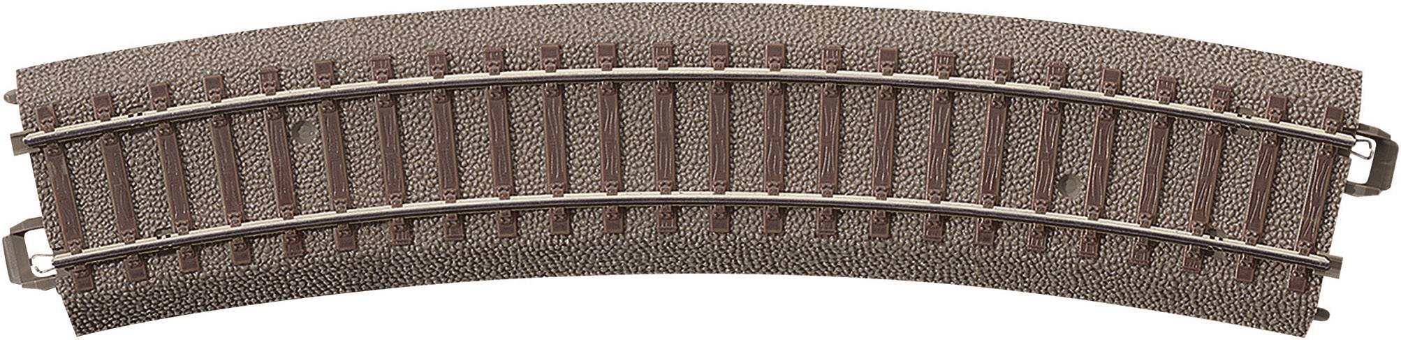 A curved model railway track piece, dark brown plastic, shown against a white background.