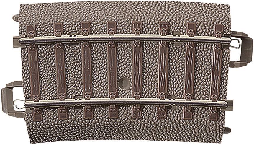 A curved model railway track section made of plastic with a coarse-grained surface, suitable for model building and toy train sets.