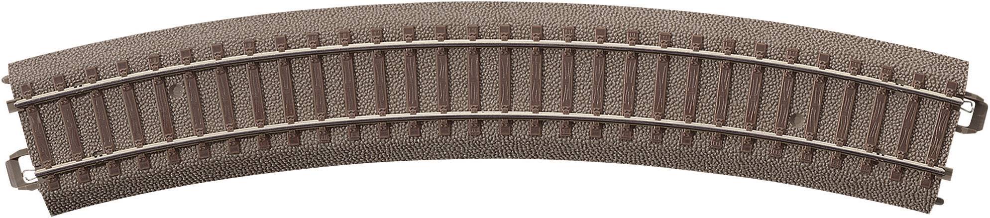 A piece of curved model railway track made of brown plastic, shown against a white background. Suitable for model railways.