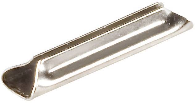 Metal clip, elongated and silver, for sealing bags or bundles.