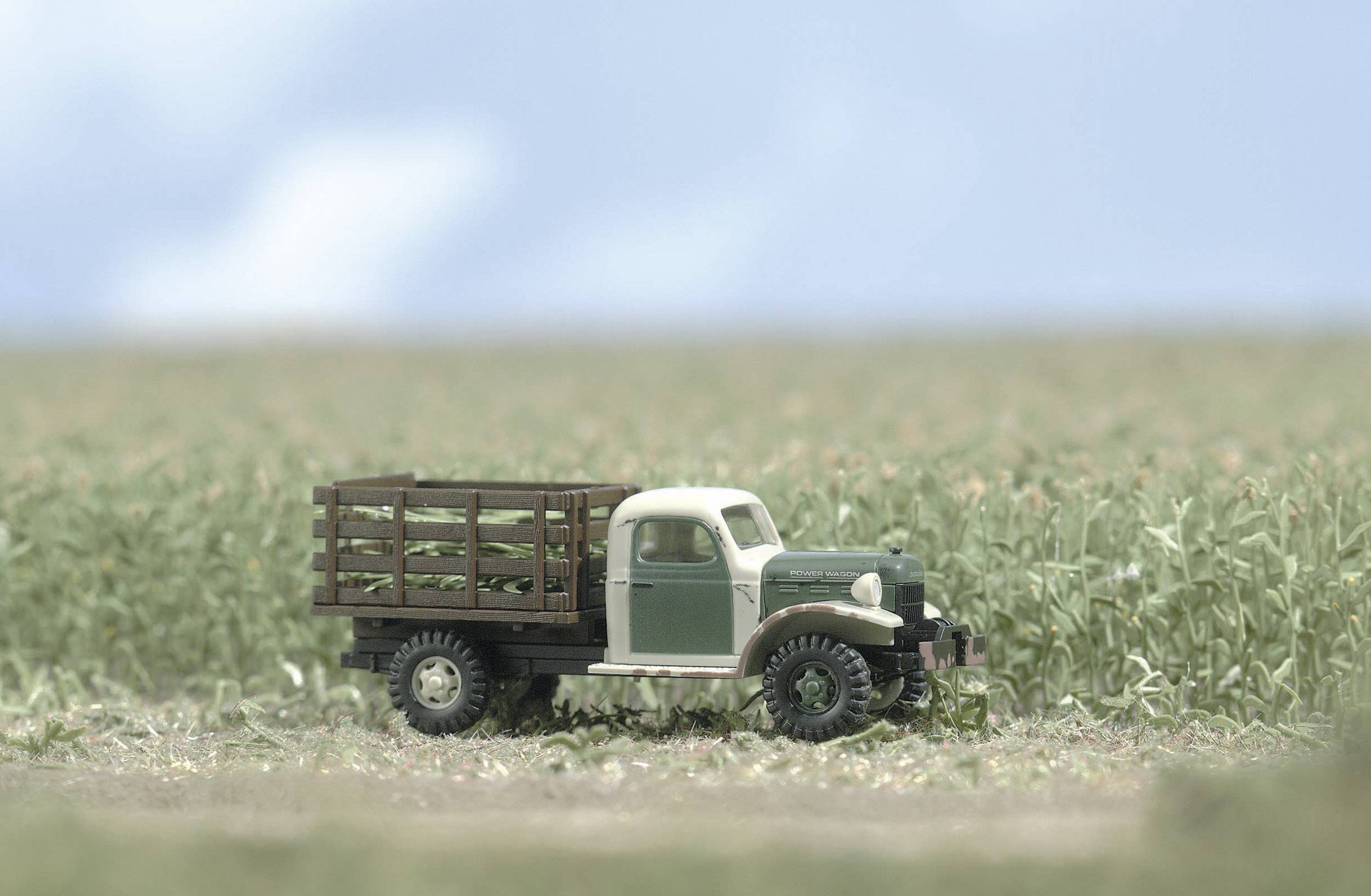 A model of a vintage lorry stands in a field. The lorry has a green and white paint finish with a wooden body. Blue sky is visible in the background.