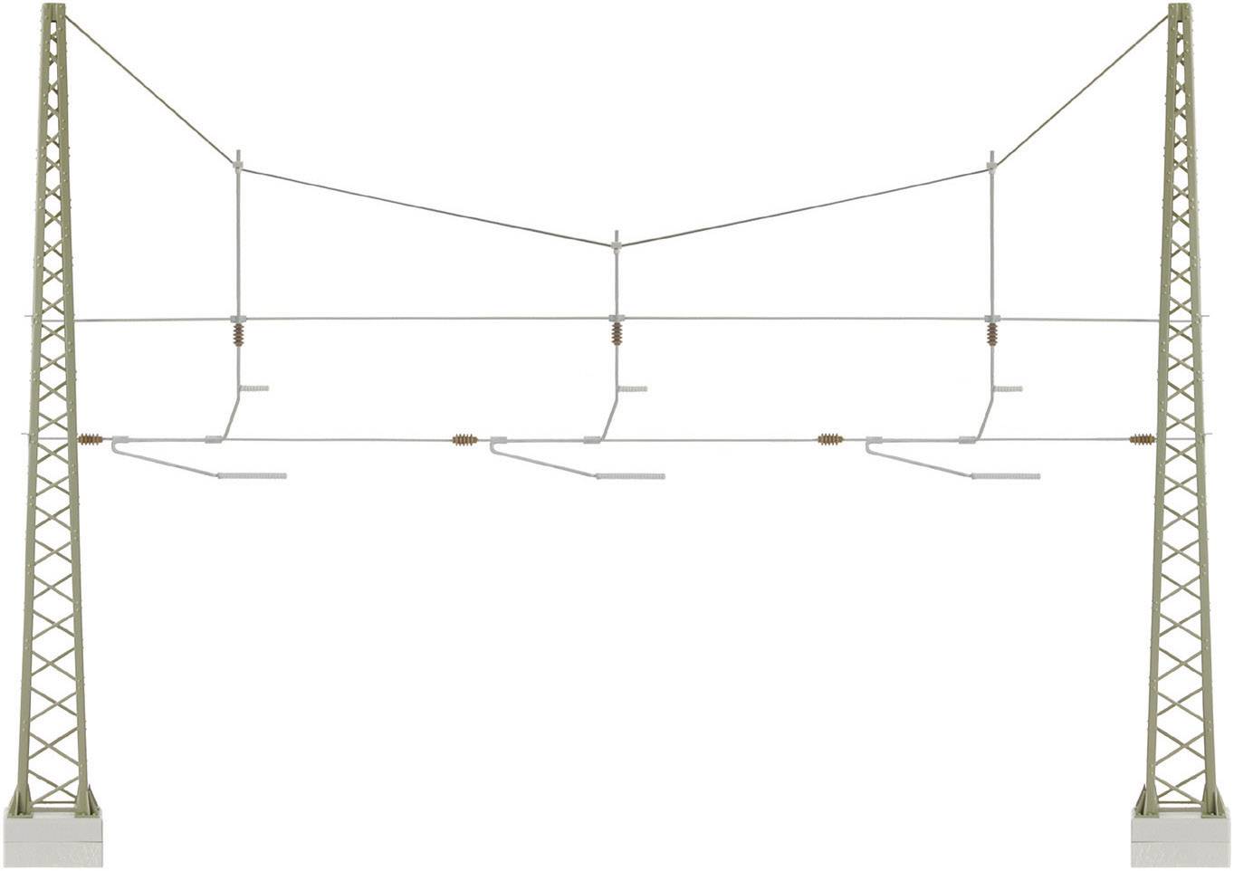 Model railway overhead line with two metal poles and a network of wires stretched, used to represent electric trains.