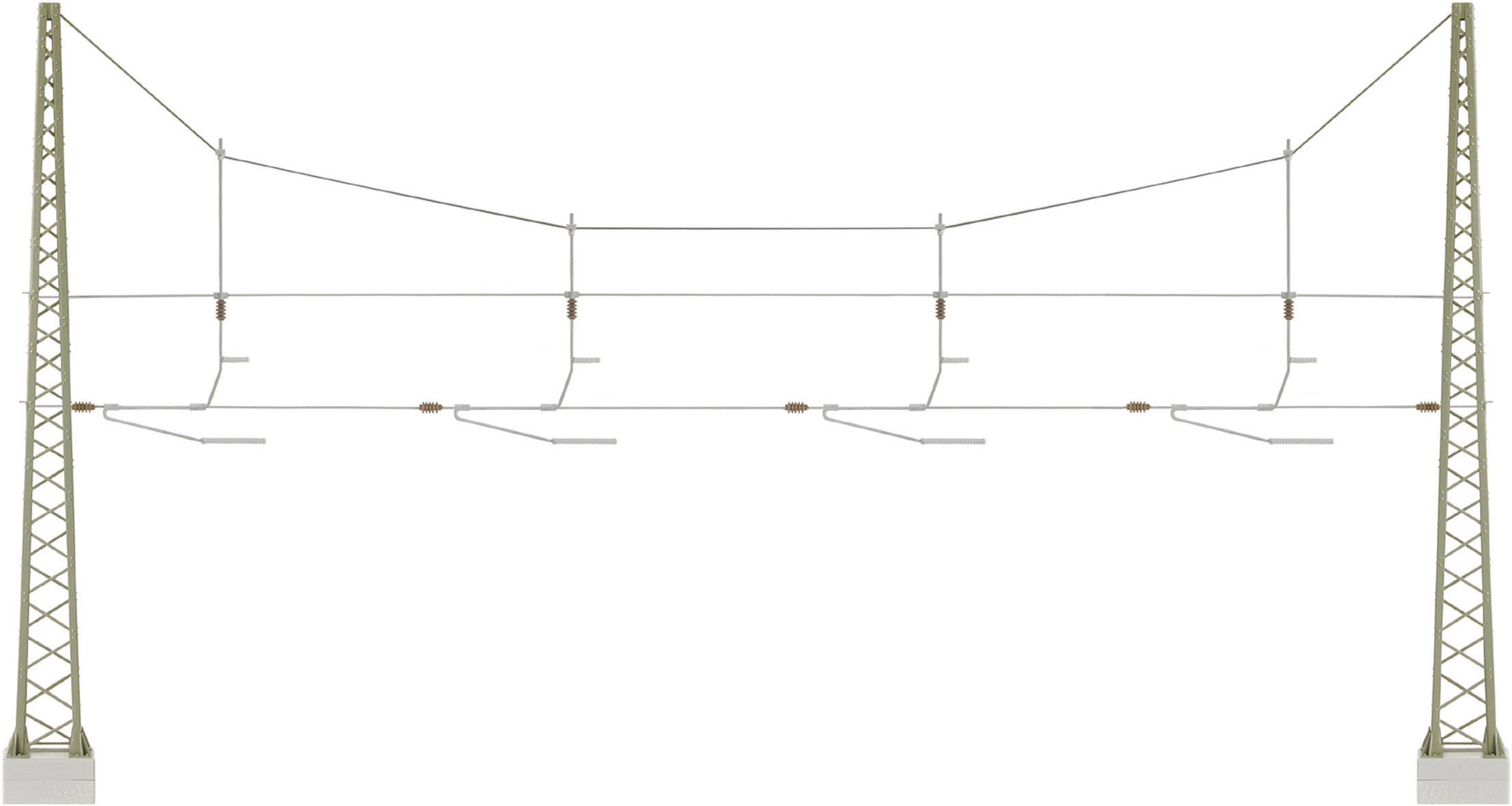 Electricity pylon structure with cables for electric train connections. Two pylons connected by multiple horizontal power lines.