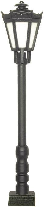 A black, decorative lantern in the classic style with a hexagonal lampshade, standing upright on a base.