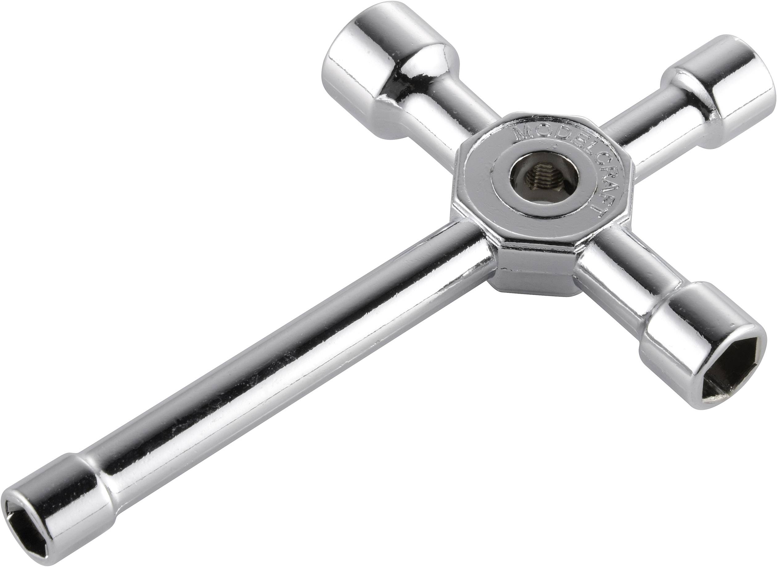 A silver four-way key with a central connecting piece and cross-arranged socket ends.