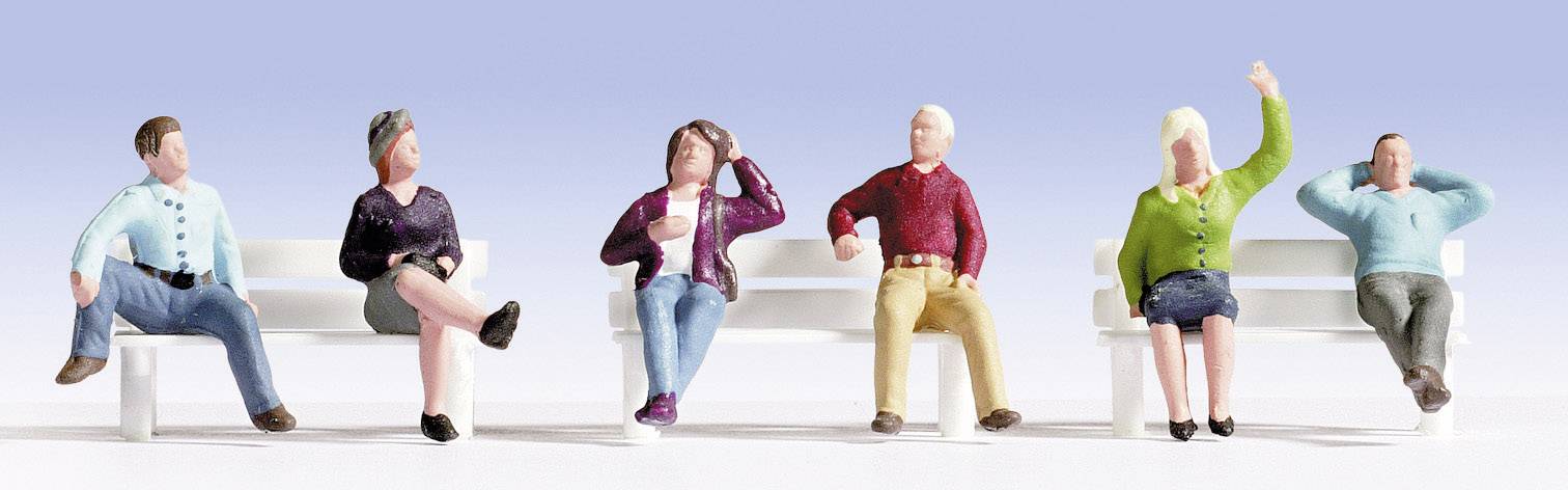 A row of six miniature figurines sitting on benches. Each figure wears different clothing and is positioned in a unique pose, representing diversity.