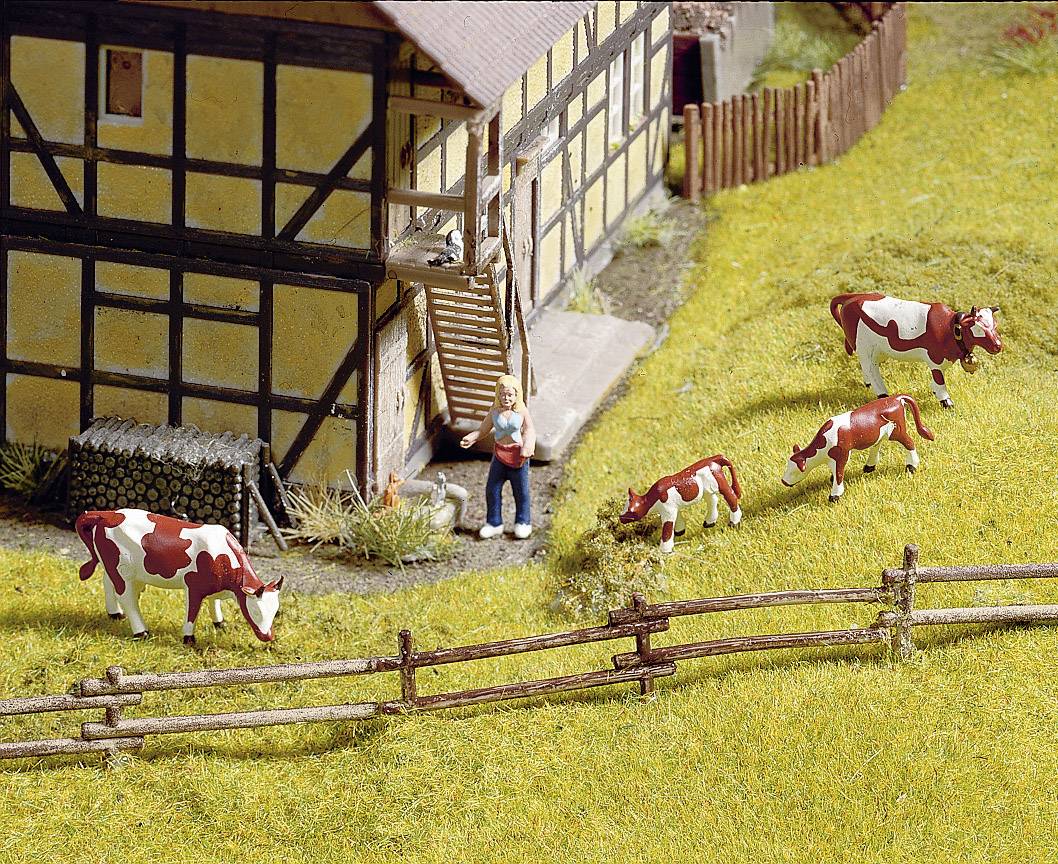A traditional half-timbered house with an adjacent garden. One person with a basket stands in front of the house. Four cows are grazing on a green meadow.