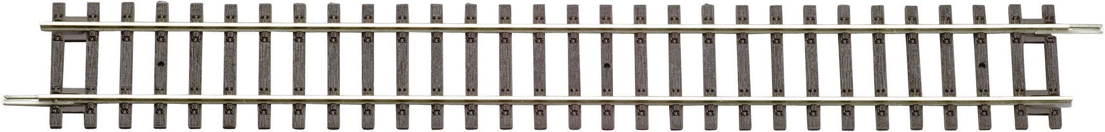 Section of track made of wood and metal, horizontal view.