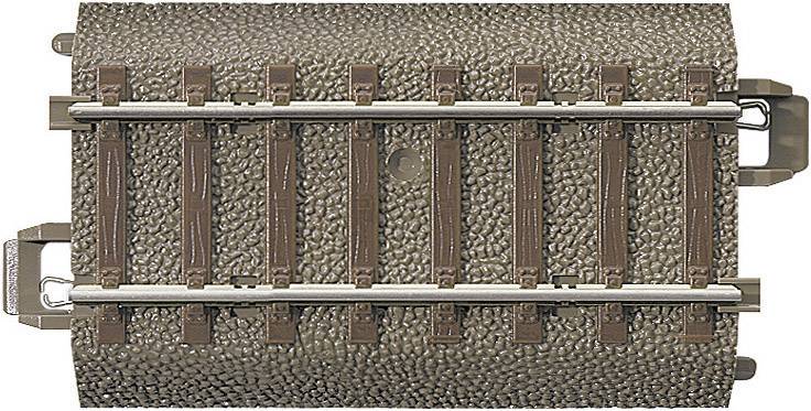 Close-up of a model railway track section with a brown, textured surface and silver rails.