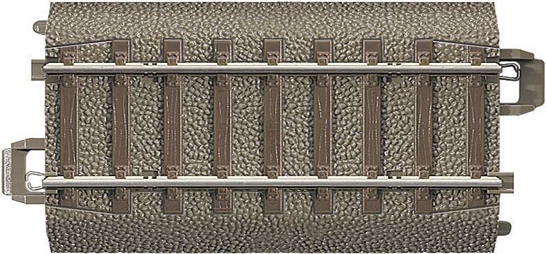 A section of model railway track with brown ballast and silver metal rails, viewed from above.