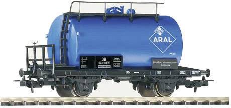 A blue tanker wagon model with an 'ARAL' logo on rails. The details of the wagon are precise and show a realistic representation.
