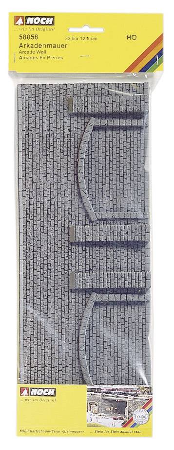 Packaging for a model railway wall segment by 'Noch', HO scale, grey stone-effect design with multiple arches.