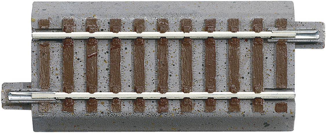 A grey model railway track section with brown wooden sleepers and two silver rails.