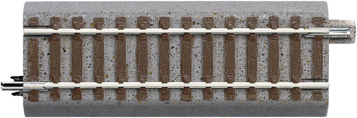 A model railway track section with metal rails and brown sleepers on a grey base. Suitable for model making.