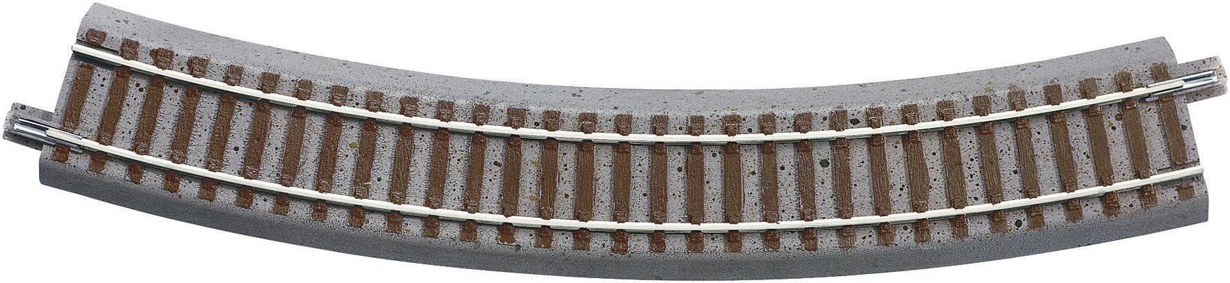 A curved model railway track with a ballast bed, two rails on brown sleepers. Suitable for use in model railway layouts.