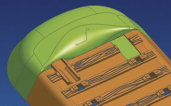 A 3D model of a vehicle roof with a green-marked deformation. A coordinate system in the background provides orientation.