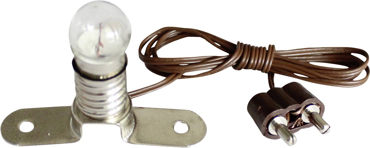 A small light bulb on a metal mount with a brown cable and a two-pin plug.