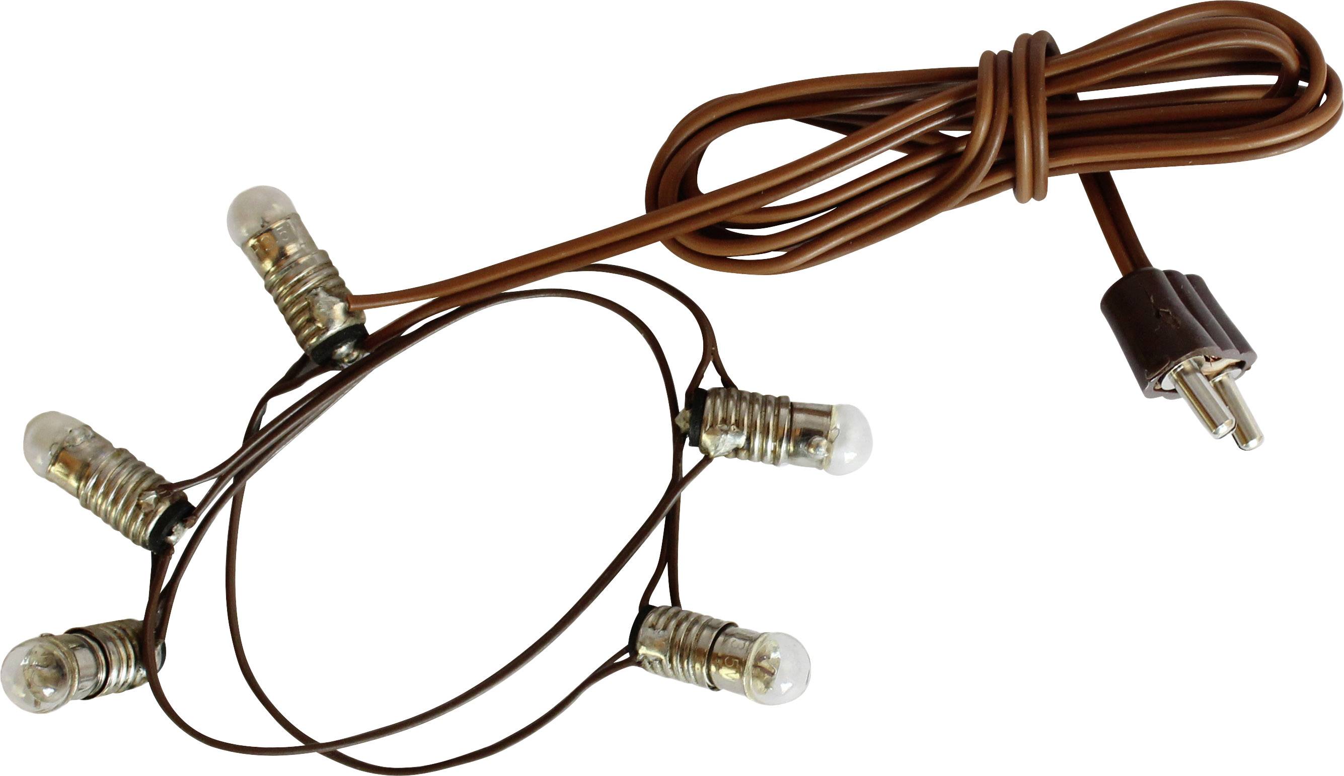 Five small light bulbs on a brown cable with a plug, suitable for decorative purposes.
