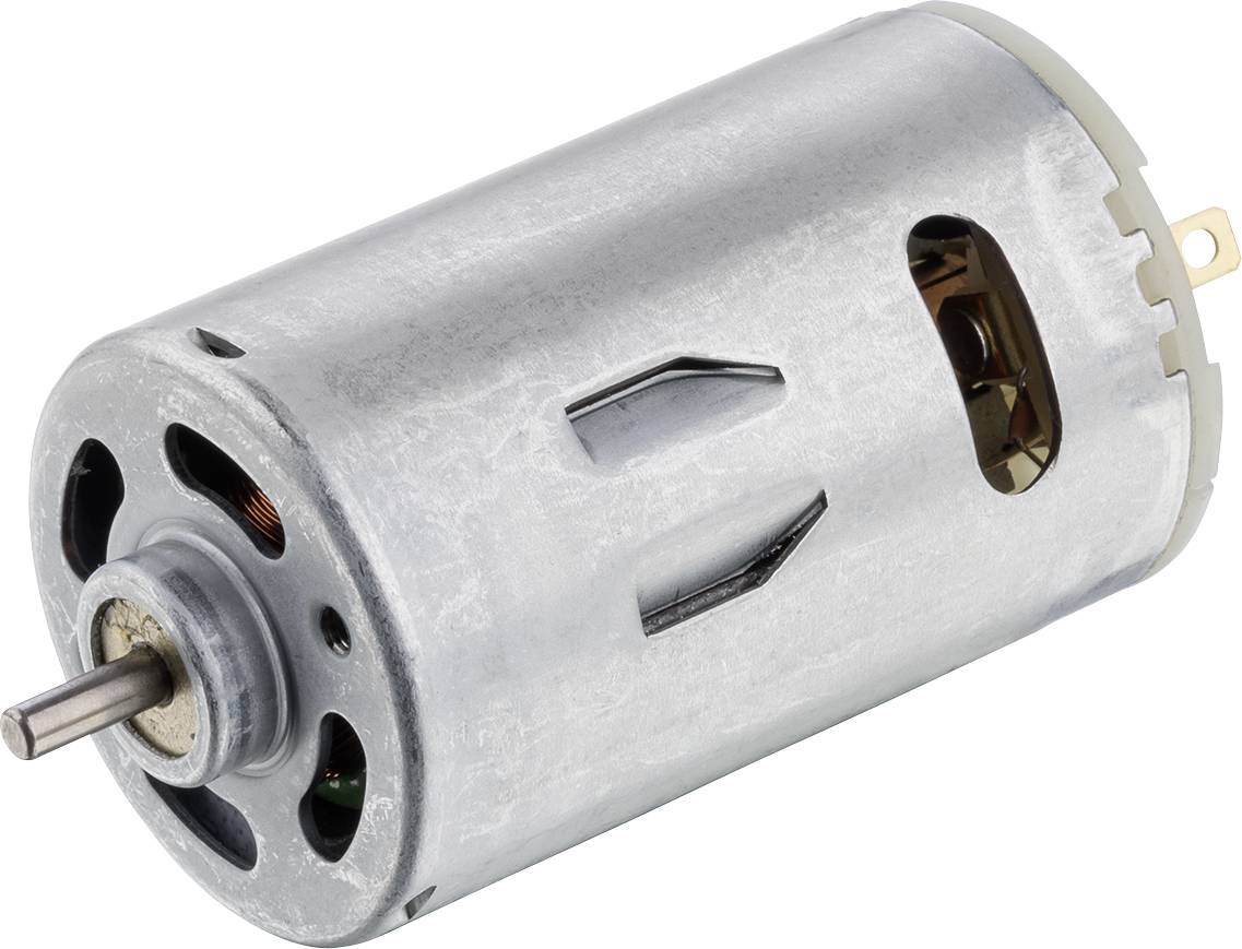 A silver electric motor with a protruding shaft. It has side ventilation slots and electrical connections at the rear end.