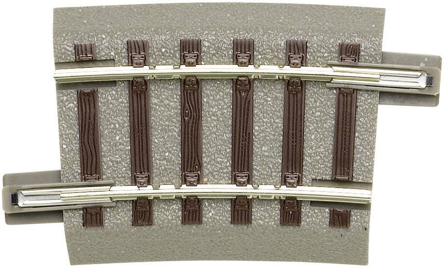 Model railway track piece made of plastic with brown sleepers and grey base, slightly curved, suitable for model railway layouts.