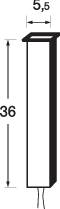 Black and white technical drawing of a rectangular pillar with dimensions of 5.5 cm width and 36 cm height, cable connected at the bottom.