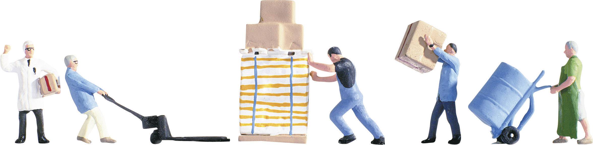 Six people in different professions move or transport packages in various ways.