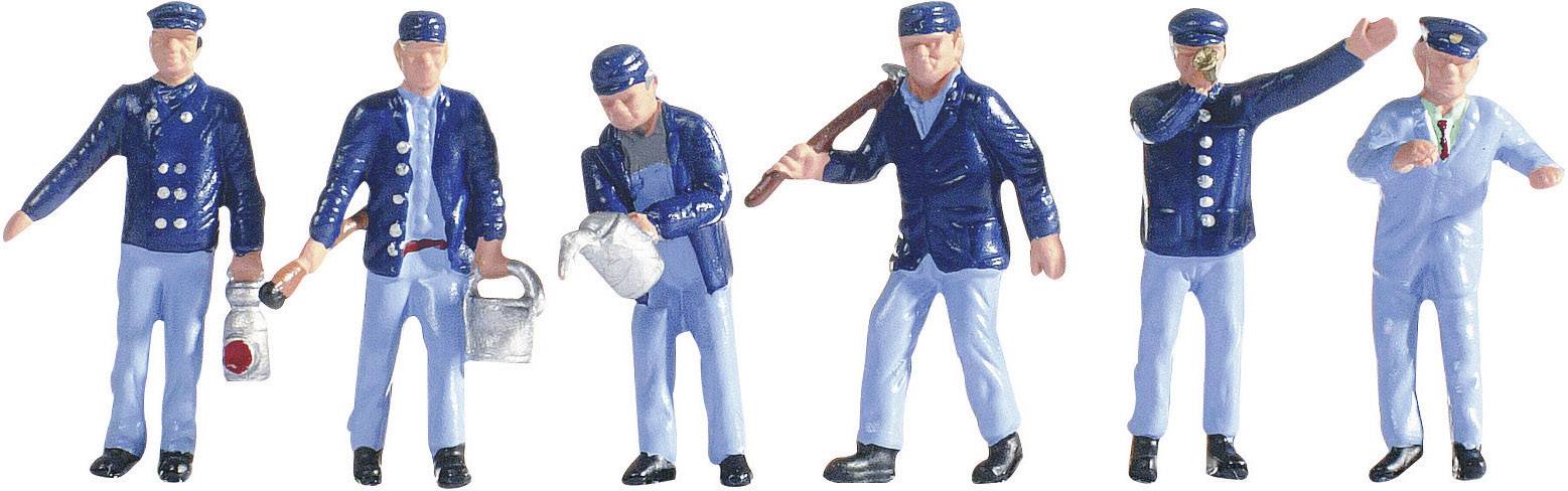 Six miniature figures in blue railway uniform, representing various tasks such as carrying light, communicating and working.