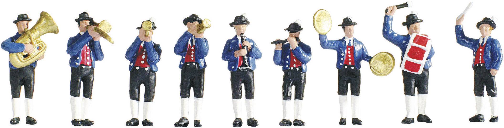 Eight figures in traditional attire stand in a row, playing musical instruments such as tuba, trumpet, flute and drum.
