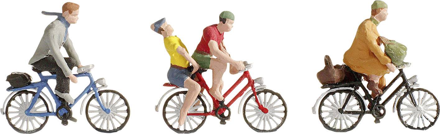 Three miniature figurines on bicycles: One person in blue, a couple on a red bike, and a person in brown with a rucksack.