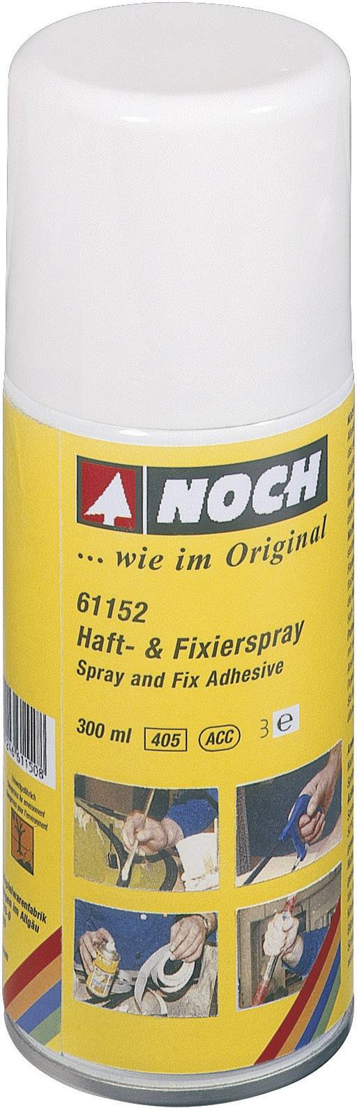 Spray can with yellow label, inscription 'Adhesive & Fixing Spray'. Brand 'NOCH'; shows application examples with tools and model making.