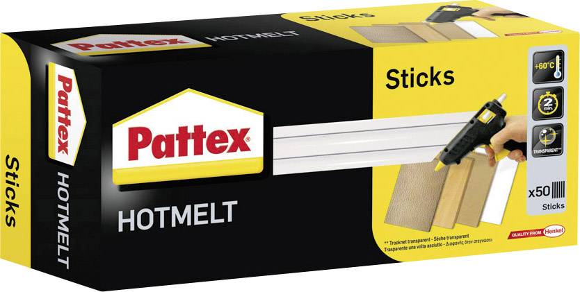 Pattex Hotmelt packaging, showing a glue gun and glue sticks. Contains 50 transparent sticks suitable for temperatures up to 6°C.
