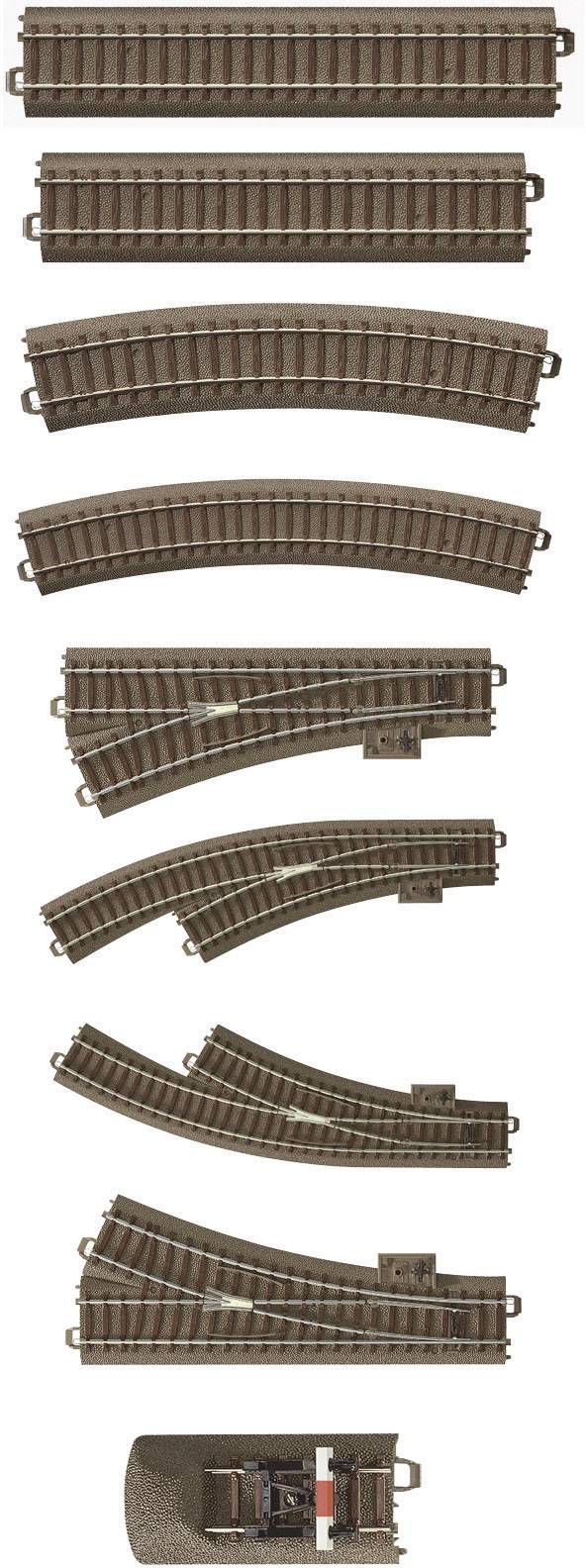 Several model railway tracks in different shapes, including straight, curved and points. Ideal for a model railway layout.