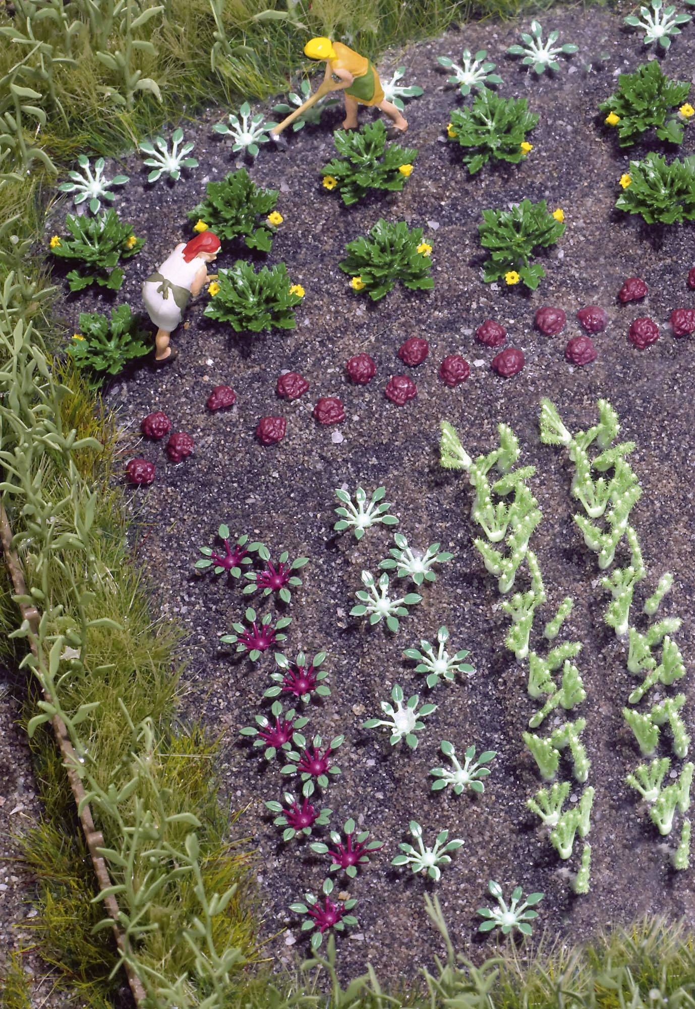 Two miniature figures are working in a vegetable garden. Various plant species can be seen in ordered rows.