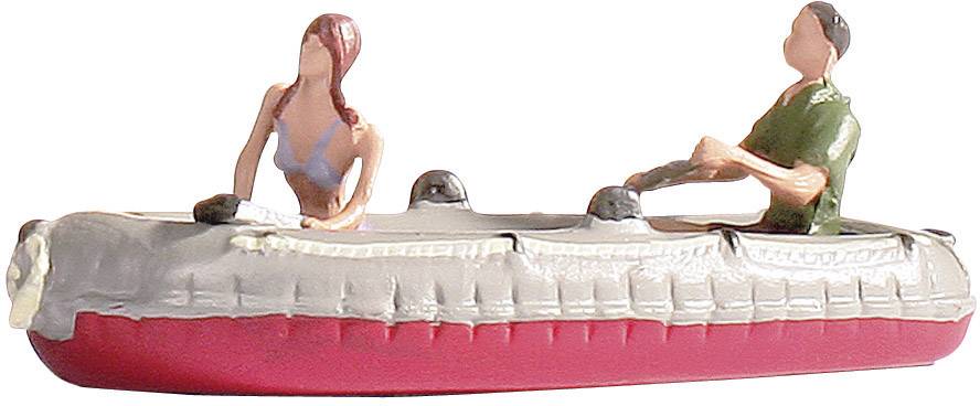 Two figures are sitting in a small, red boat. One figure is rowing, while the other sits at the front. Both are wearing casual clothing.