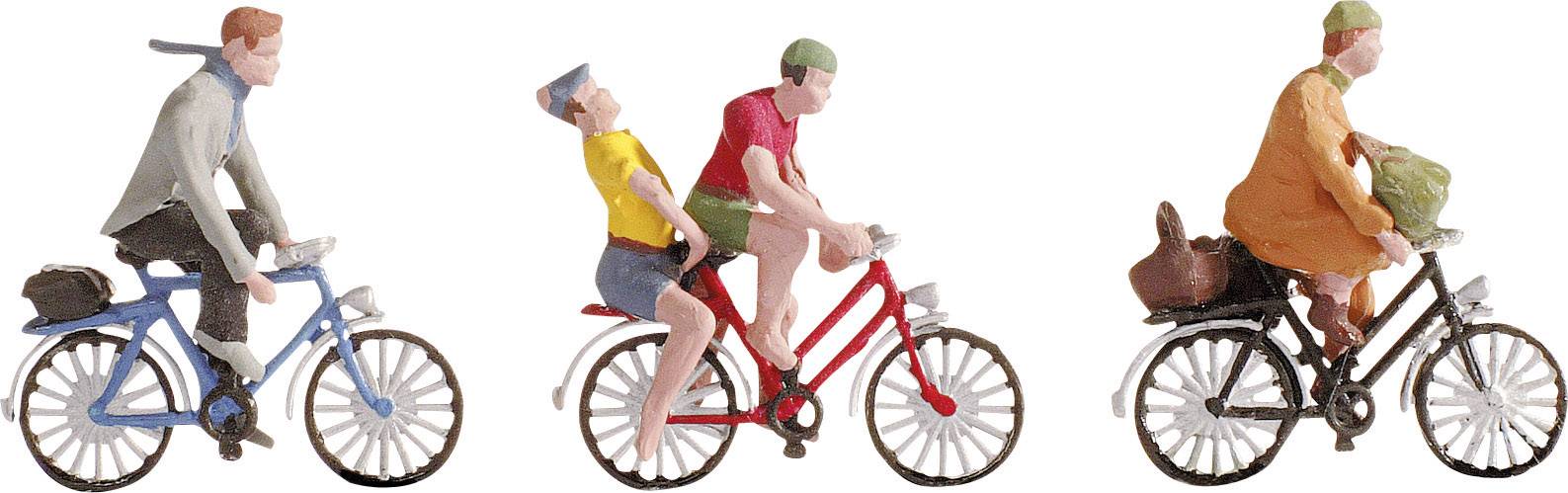 Three figures are cycling: one person in a suit, a couple in casual clothing, and one person wearing an orange jacket.
