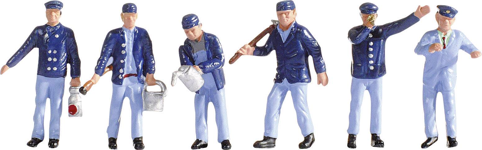Six miniature figures in blue uniform, each with a different tool: torch, canister, watering can, hammer, walkie-talkie and mug.