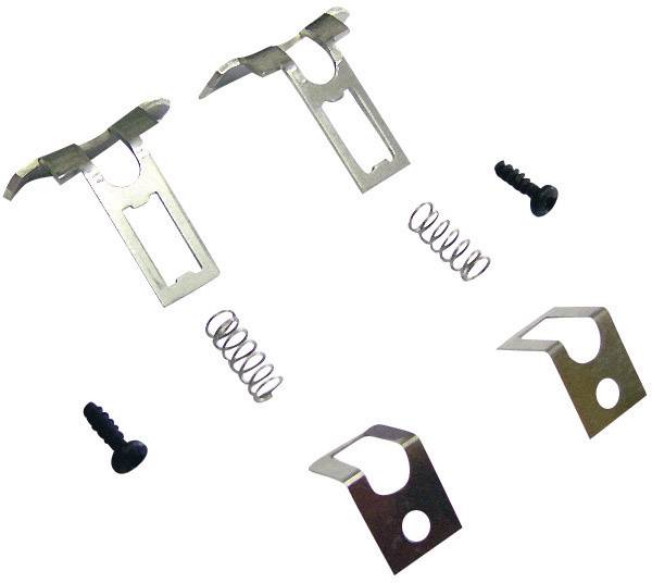 Two metal clips, two screws and two springs are lying on a white background. They appear to be parts of a mounting kit.